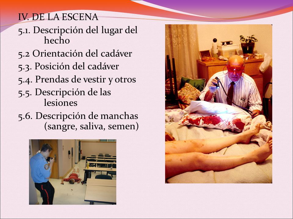 IV. DE LA ESCENA 5.1. Descripción del lugar del hecho. 5.2 Orientación del cadáver Posición del cadáver.