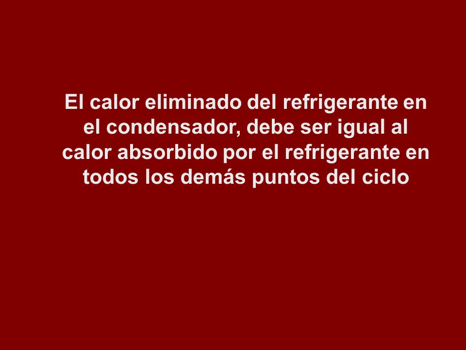 El calor eliminado del refrigerante en el condensador, debe ser igual al calor absorbido por el refrigerante en todos los demás puntos del ciclo