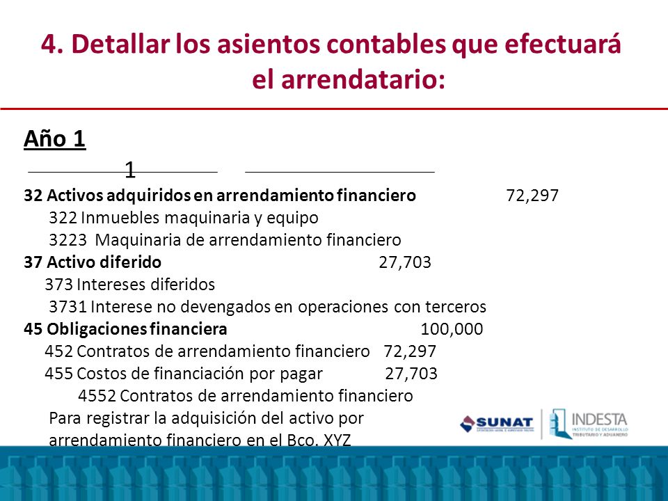 4. Detallar los asientos contables que efectuará el arrendatario: