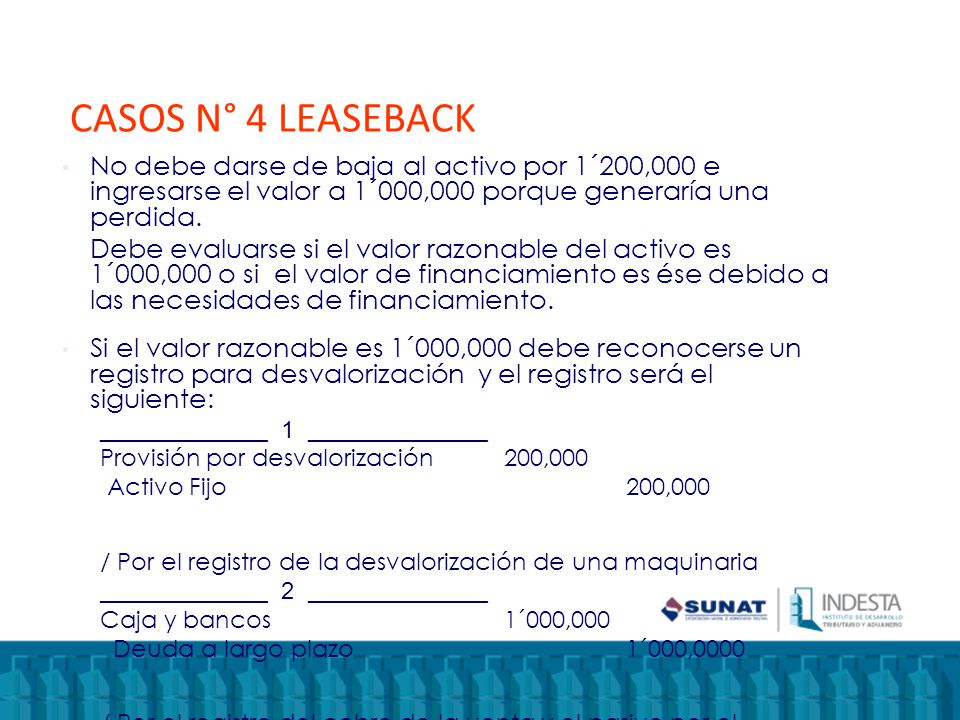 CASOS N° 4 LEASEBACK No debe darse de baja al activo por 1´200,000 e ingresarse el valor a 1´000,000 porque generaría una perdida.