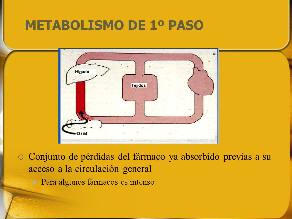 METABOLISMO DE 1º PASO Conjunto de pérdidas del fármaco ya absorbido previas a su acceso a la circulación general.