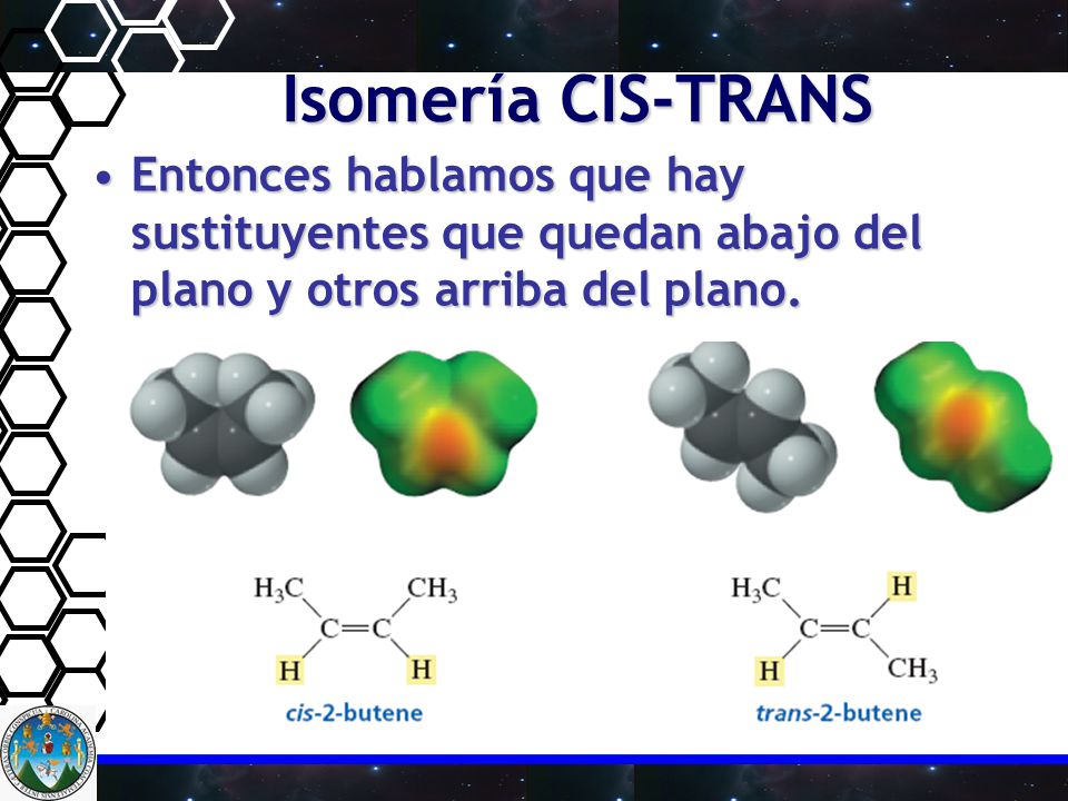 Isomería CIS-TRANS Entonces hablamos que hay sustituyentes que quedan abajo del plano y otros arriba del plano.