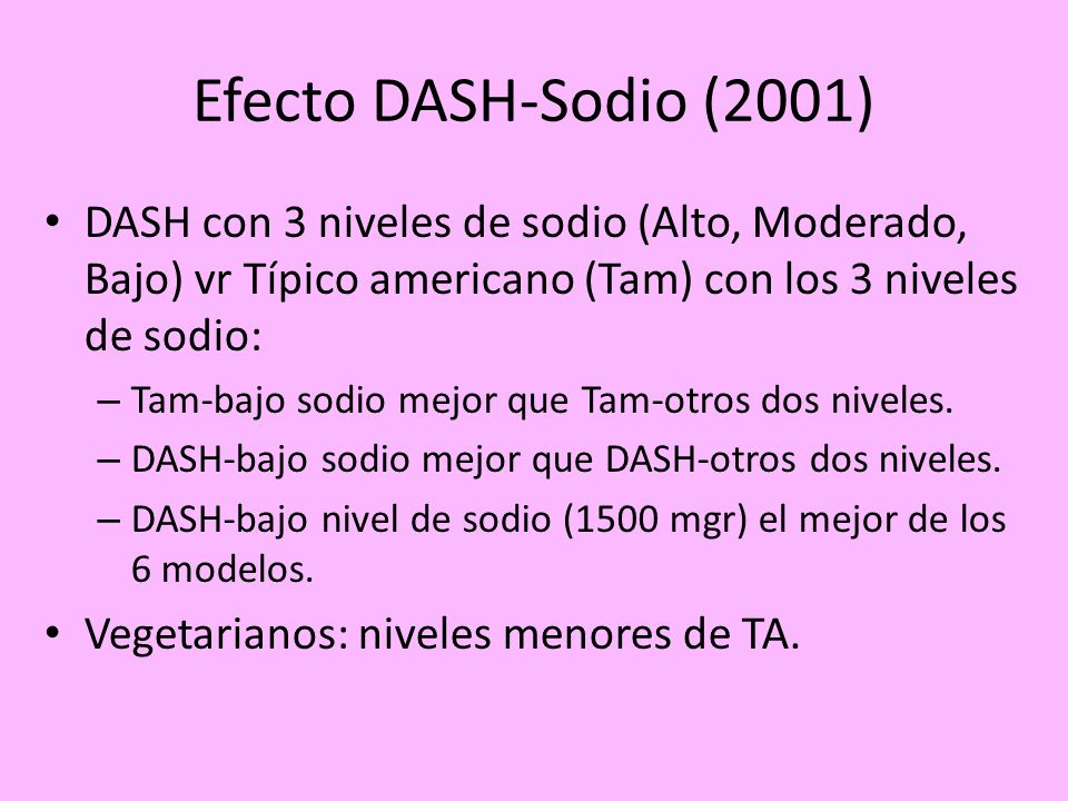 Efecto DASH-Sodio (2001) DASH con 3 niveles de sodio (Alto, Moderado, Bajo) vr Típico americano (Tam) con los 3 niveles de sodio: