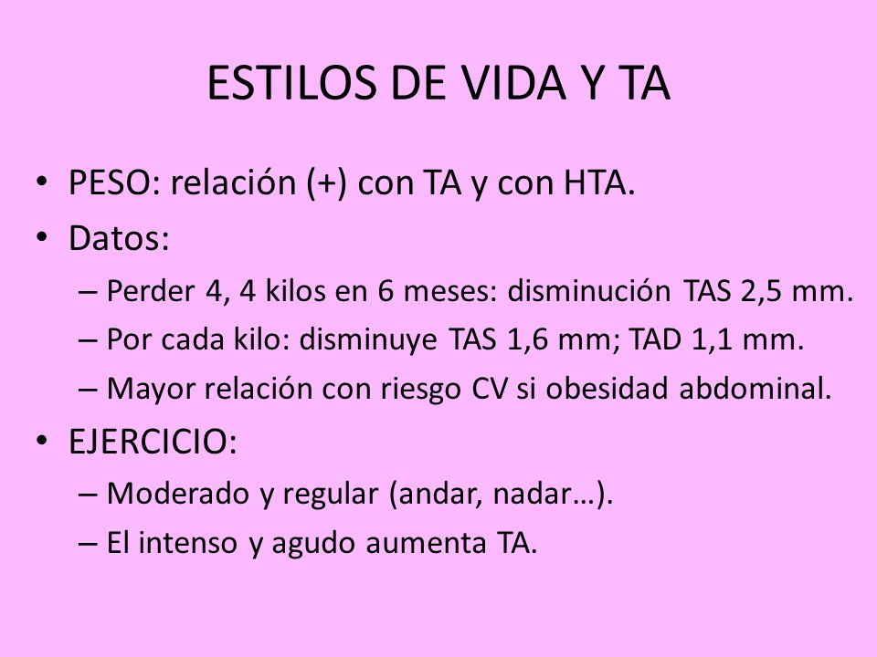 ESTILOS DE VIDA Y TA PESO: relación (+) con TA y con HTA. Datos: