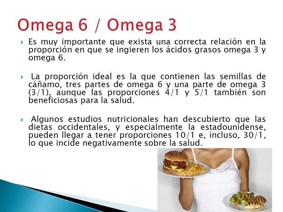 Omega 6 / Omega 3 Es muy importante que exista una correcta relación en la proporción en que se ingieren los ácidos grasos omega 3 y omega 6.