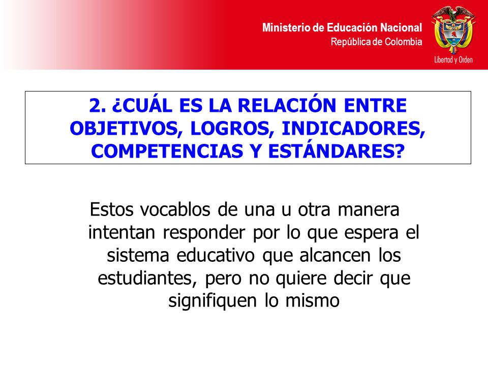 2. ¿CUÁL ES LA RELACIÓN ENTRE OBJETIVOS, LOGROS, INDICADORES, COMPETENCIAS Y ESTÁNDARES