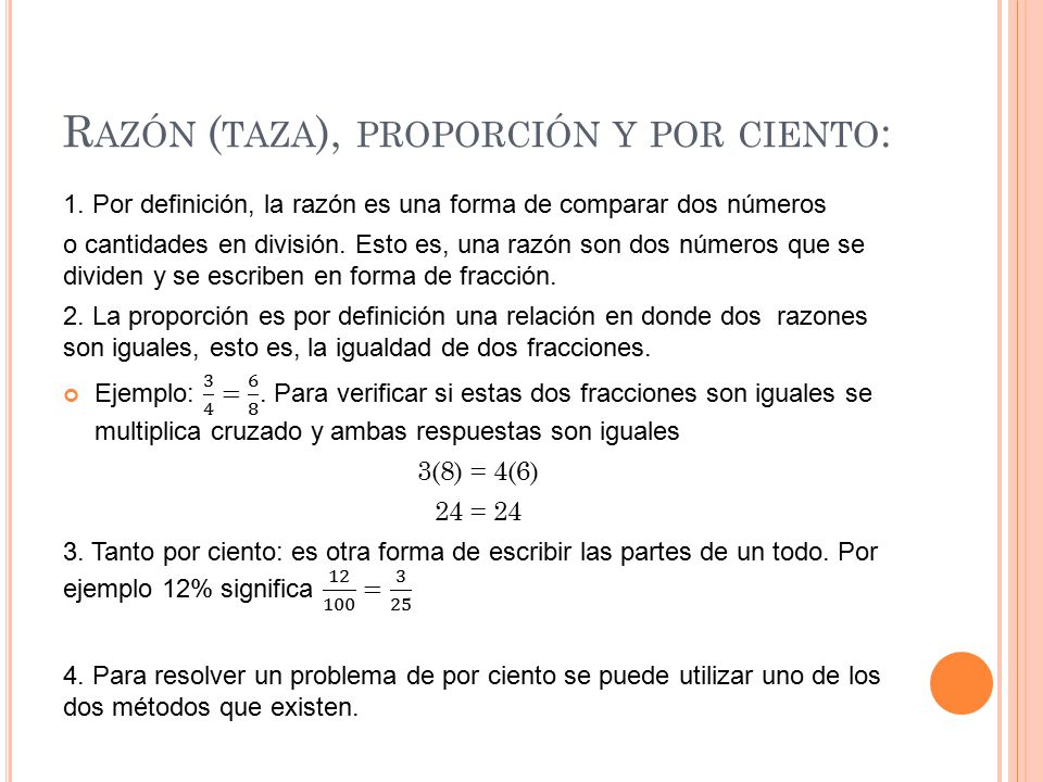 Razón (taza), proporción y por ciento: