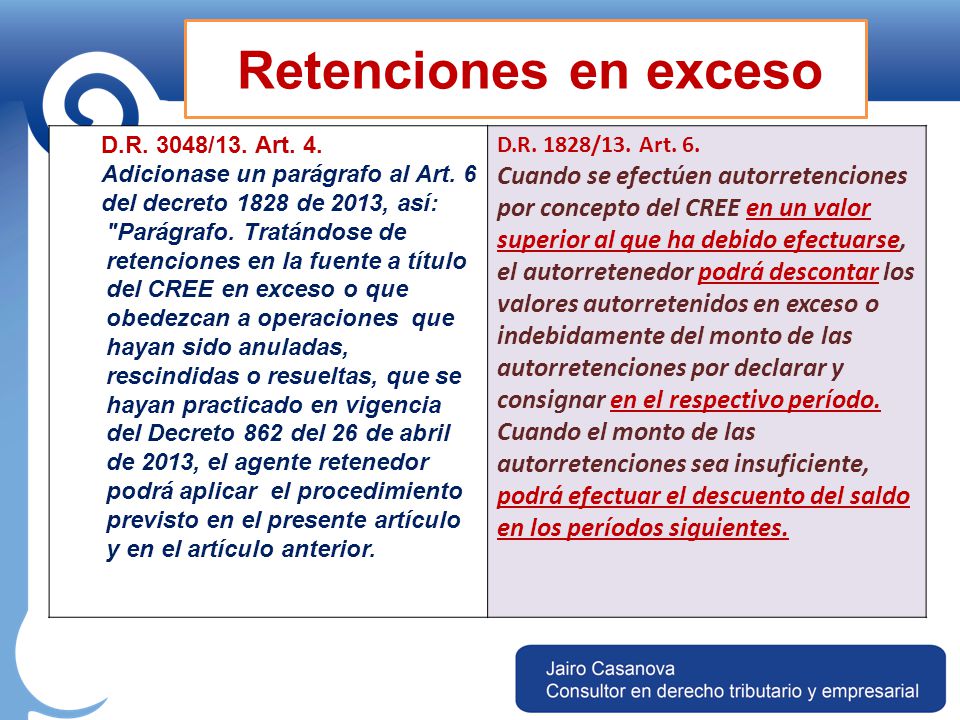 Retenciones en exceso D.R. 3048/13. Art. 4. Adicionase un parágrafo al Art. 6 del decreto 1828 de 2013, así: