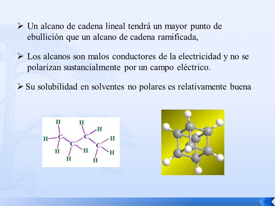 Un alcano de cadena lineal tendrá un mayor punto de ebullición que un alcano de cadena ramificada,