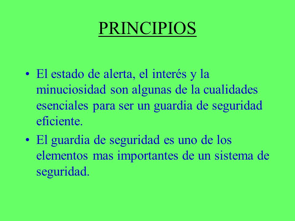 PRINCIPIOS El estado de alerta, el interés y la minuciosidad son algunas de la cualidades esenciales para ser un guardia de seguridad eficiente.