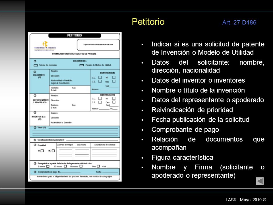 Petitorio Art. 27 D486. Indicar si es una solicitud de patente de Invención o Modelo de Utilidad.