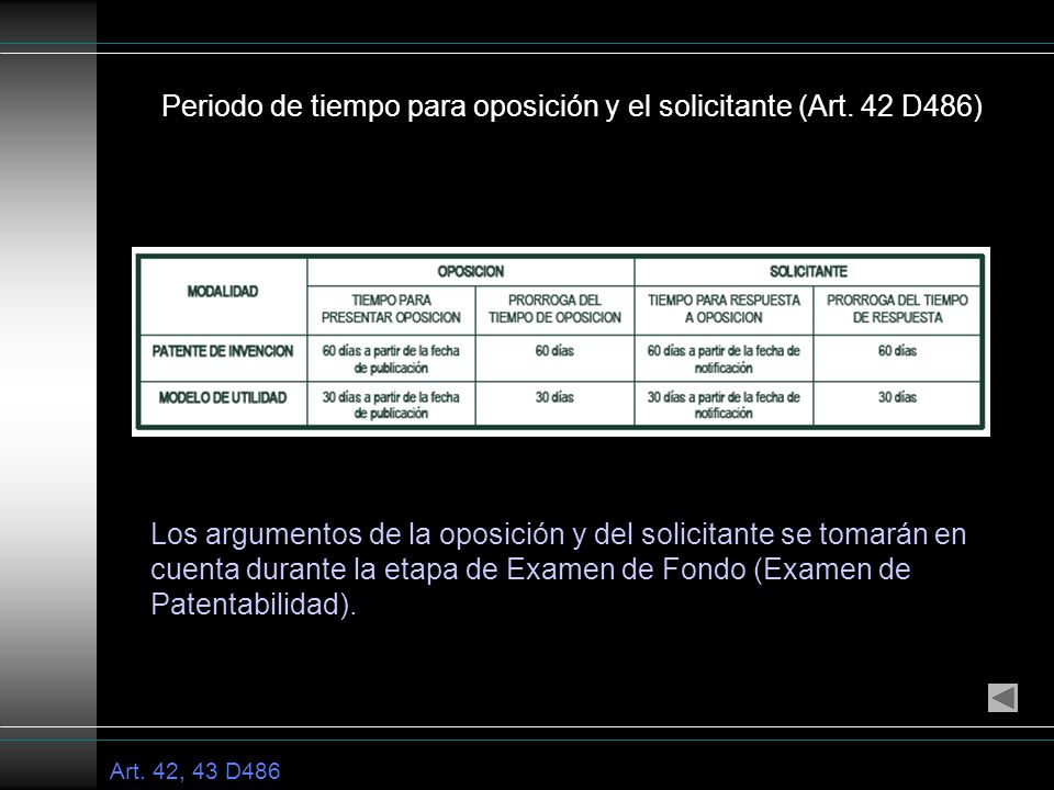 Periodo de tiempo para oposición y el solicitante (Art. 42 D486)
