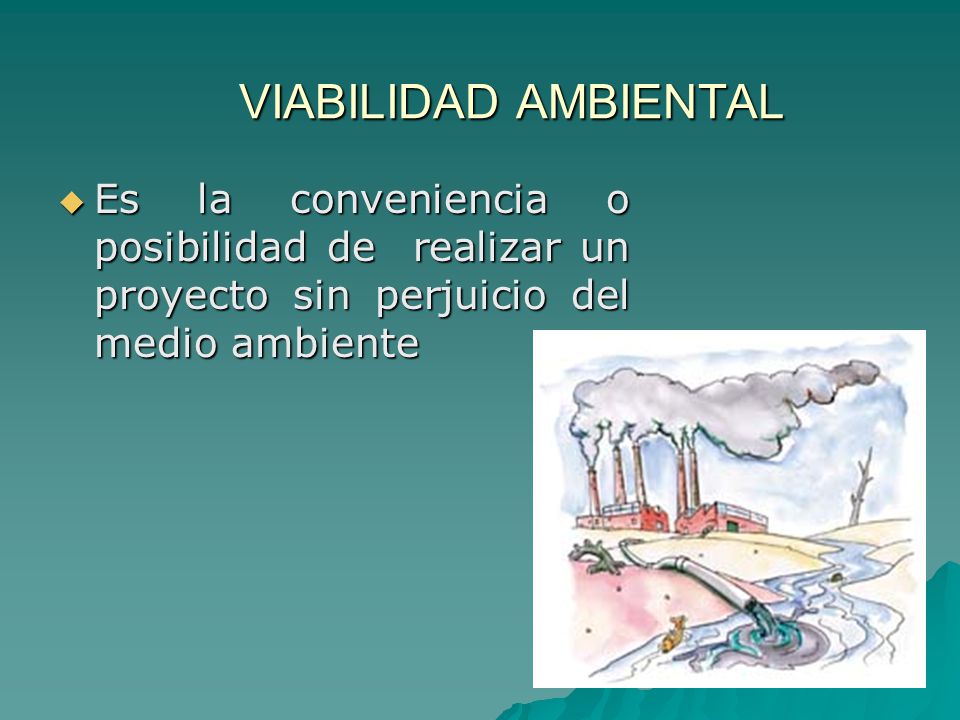 VIABILIDAD AMBIENTAL Es la conveniencia o posibilidad de realizar un proyecto sin perjuicio del medio ambiente.