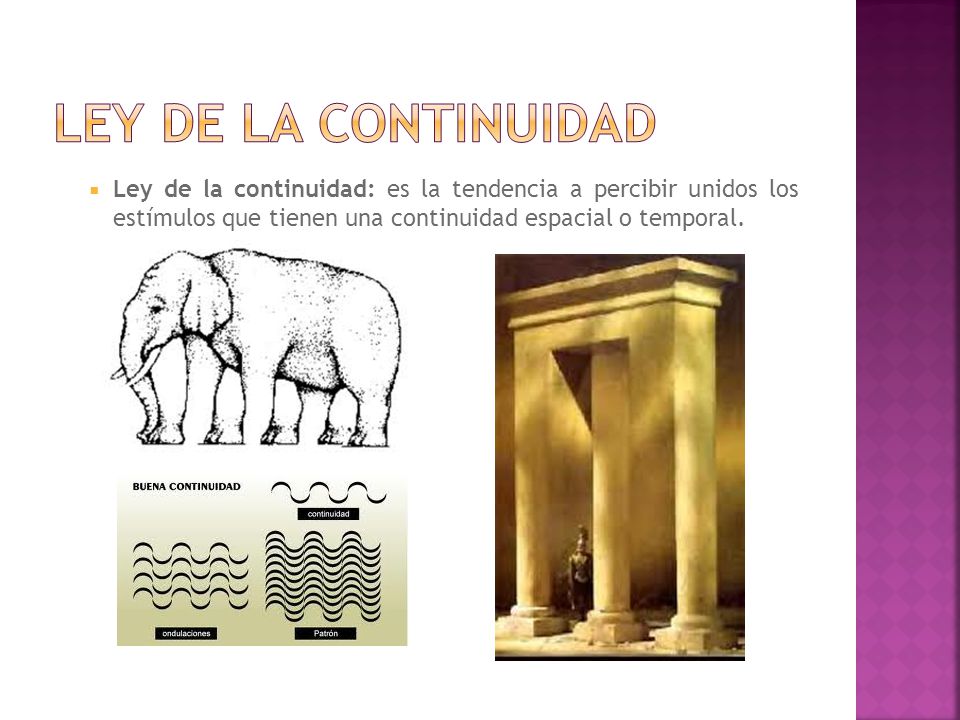 Ley de la continuidad Ley de la continuidad: es la tendencia a percibir unidos los estímulos que tienen una continuidad espacial o temporal.