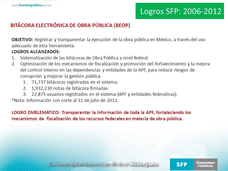 Logros SFP: BITÁCORA ELECTRÓNICA DE OBRA PÚBLICA (BEOP)