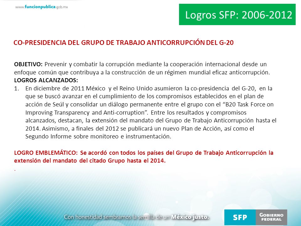 Logros SFP: CO-PRESIDENCIA DEL GRUPO DE TRABAJO ANTICORRUPCIÓN DEL G-20.
