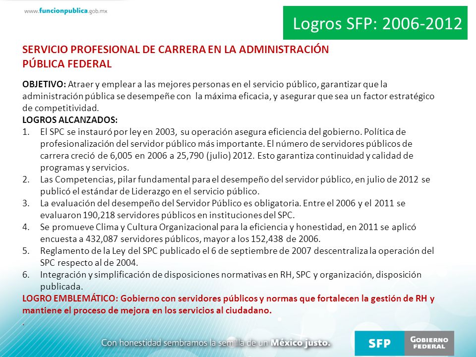 Logros SFP: SERVICIO PROFESIONAL DE CARRERA EN LA ADMINISTRACIÓN PÚBLICA FEDERAL.