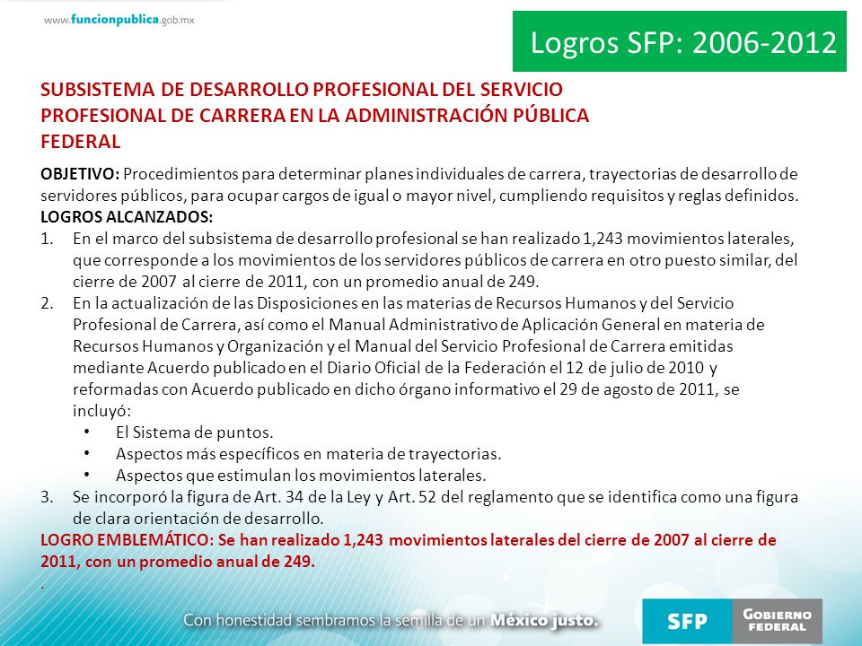 Logros SFP: SUBSISTEMA DE DESARROLLO PROFESIONAL DEL SERVICIO PROFESIONAL DE CARRERA EN LA ADMINISTRACIÓN PÚBLICA FEDERAL.