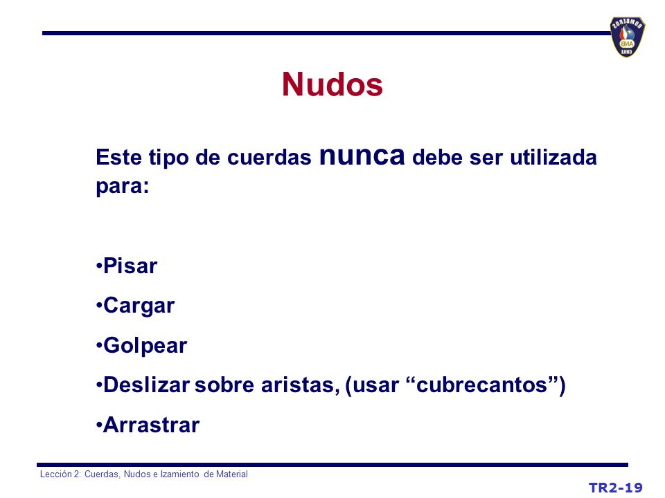 Nudos Este tipo de cuerdas nunca debe ser utilizada para: Pisar Cargar