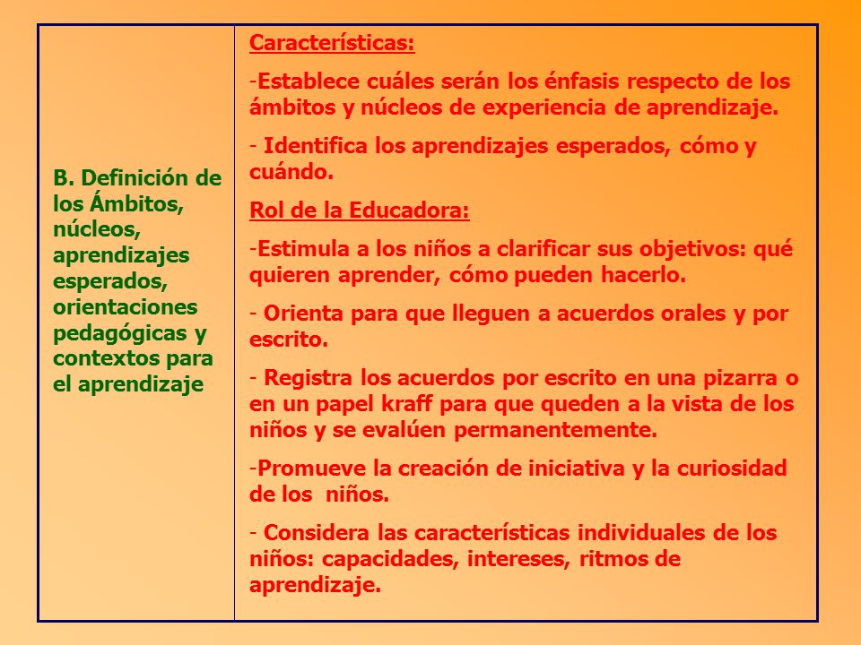 Características: Establece cuáles serán los énfasis respecto de los ámbitos y núcleos de experiencia de aprendizaje.