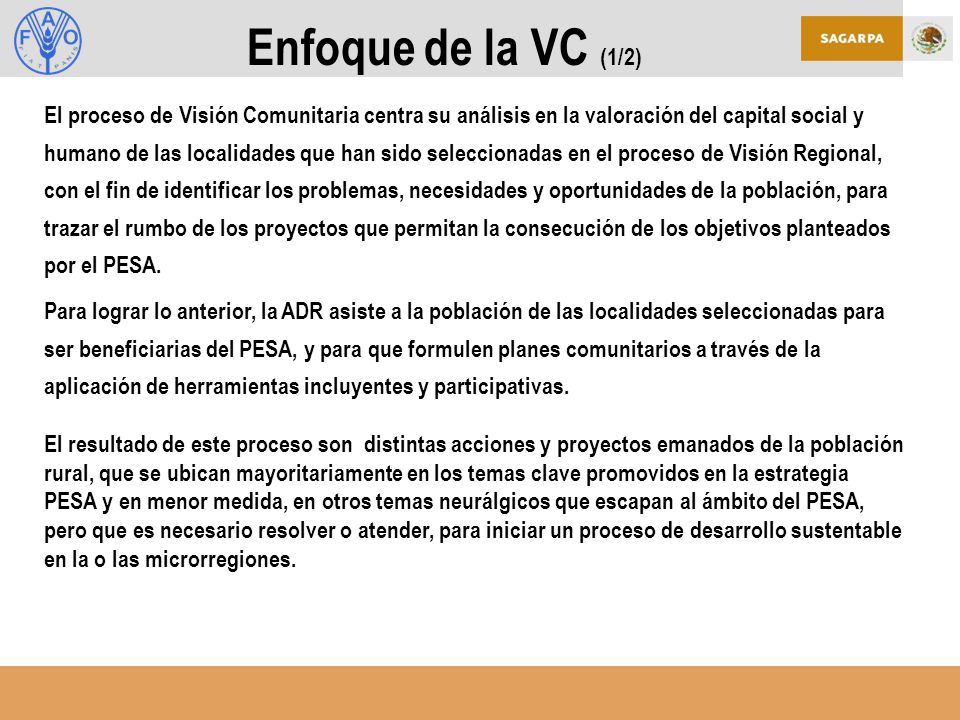 Enfoque de la VC (1/2) El proceso de Visión Comunitaria centra su análisis en la valoración del capital social y.