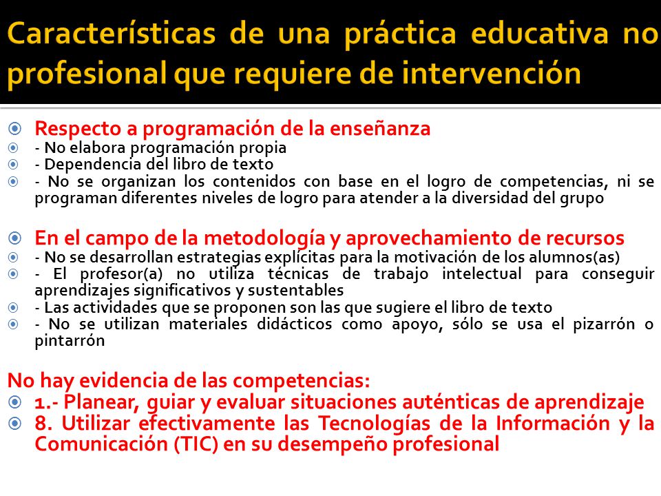 Características de una práctica educativa no profesional que requiere de intervención