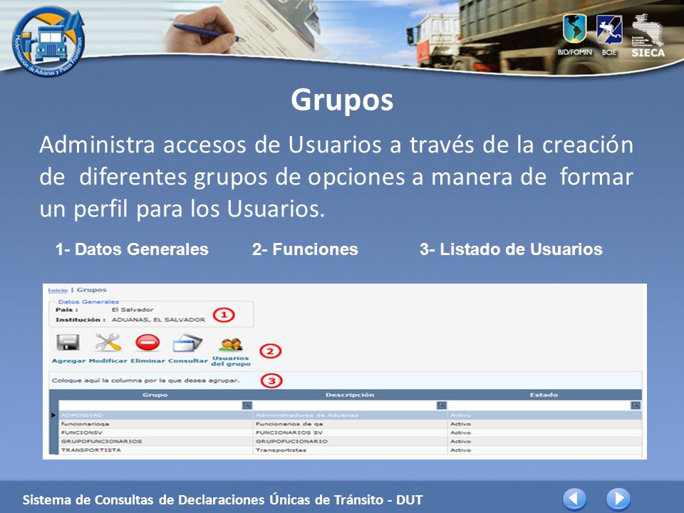 Grupos Administra accesos de Usuarios a través de la creación de diferentes grupos de opciones a manera de formar un perfil para los Usuarios.