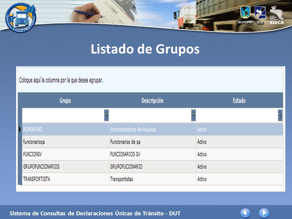 Listado de Grupos Sistema de Consultas de Declaraciones Únicas de Tránsito - DUT