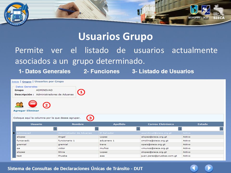 Usuarios Grupo Permite ver el listado de usuarios actualmente asociados a un grupo determinado.