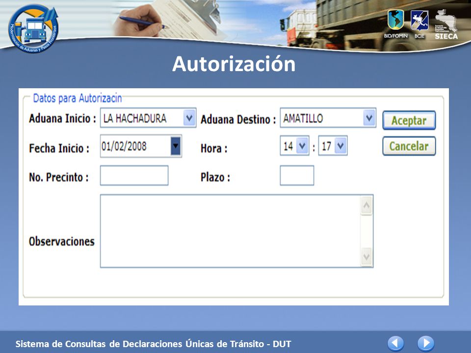 Autorización Sistema de Consultas de Declaraciones Únicas de Tránsito - DUT