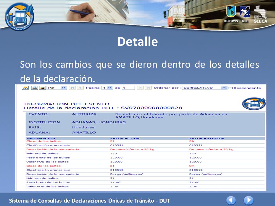 Detalle Son los cambios que se dieron dentro de los detalles de la declaración.