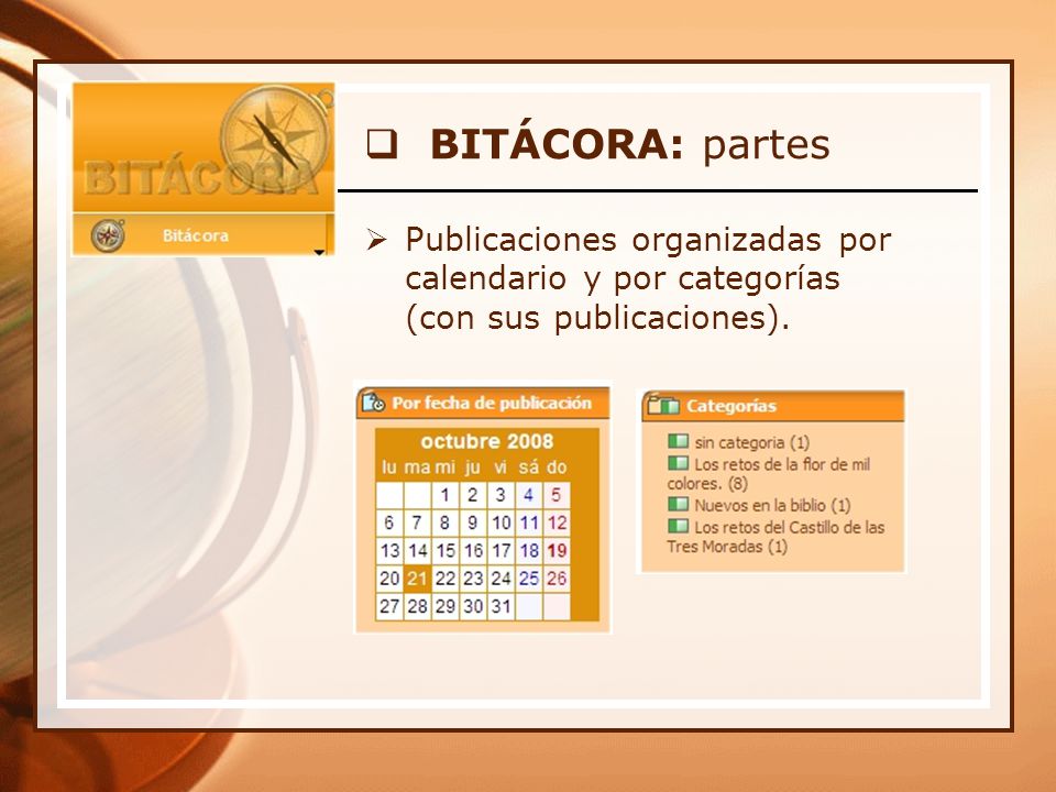 BITÁCORA: partes Publicaciones organizadas por calendario y por categorías (con sus publicaciones).