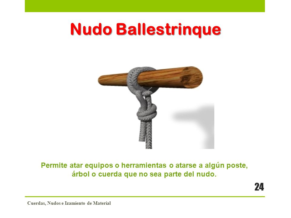Nudo Ballestrinque Permite atar equipos o herramientas o atarse a algún poste, árbol o cuerda que no sea parte del nudo.