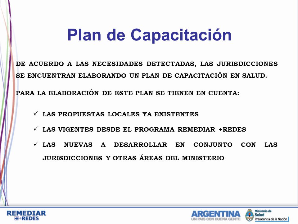 Plan de Capacitación DE ACUERDO A LAS NECESIDADES DETECTADAS, LAS JURISDICCIONES SE ENCUENTRAN ELABORANDO UN PLAN DE CAPACITACIÓN EN SALUD.