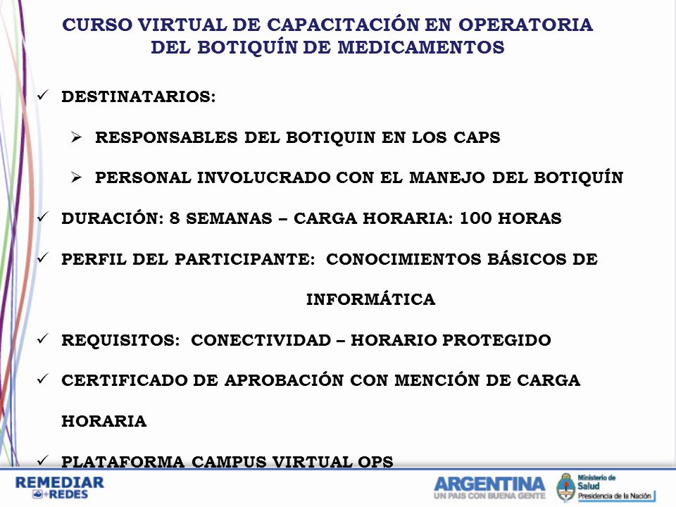 CURSO VIRTUAL DE CAPACITACIÓN EN OPERATORIA DEL BOTIQUÍN DE MEDICAMENTOS