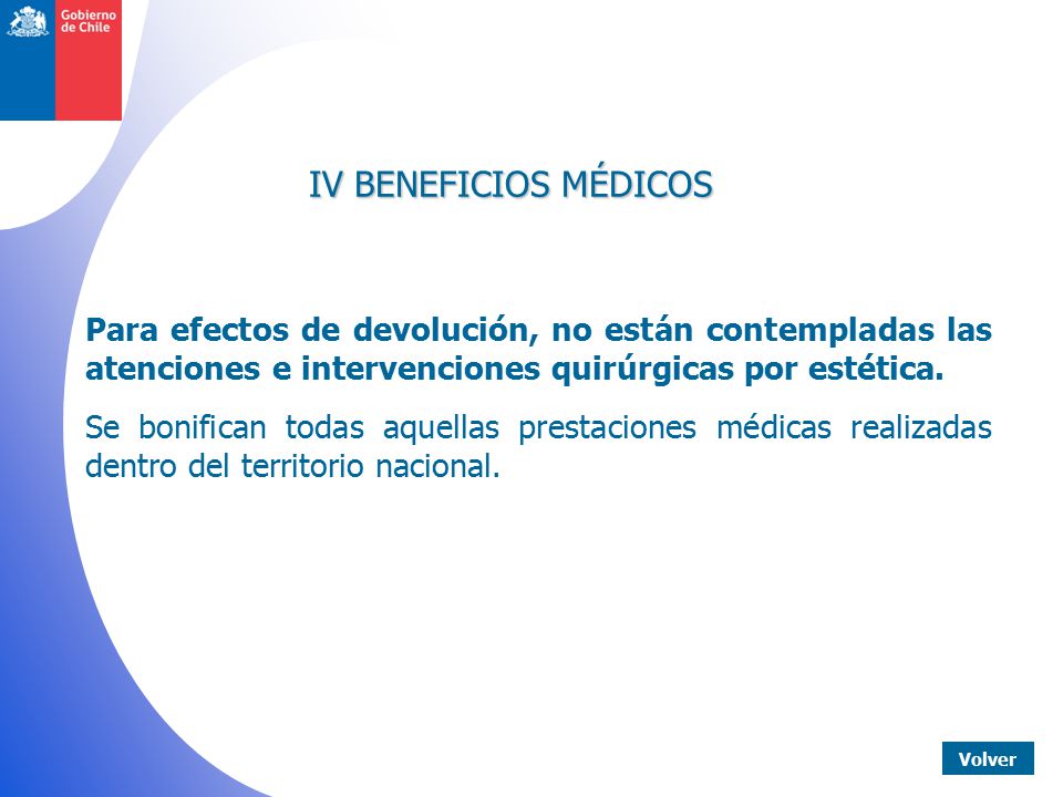IV BENEFICIOS MÉDICOS Para efectos de devolución, no están contempladas las atenciones e intervenciones quirúrgicas por estética.