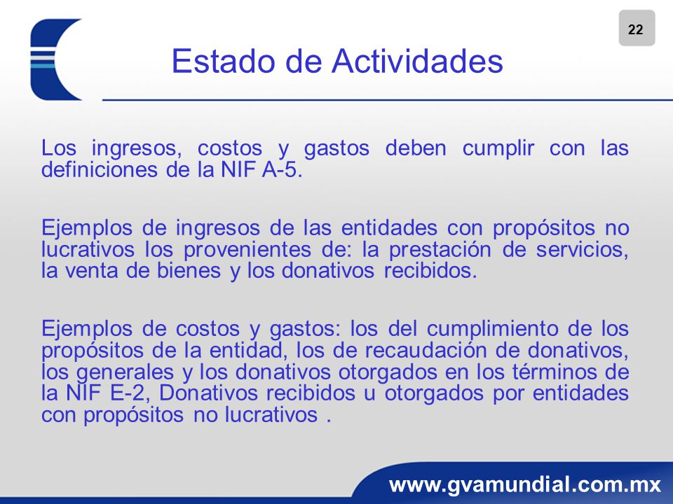 Estado de Actividades Los ingresos, costos y gastos deben cumplir con las definiciones de la NIF A-5.