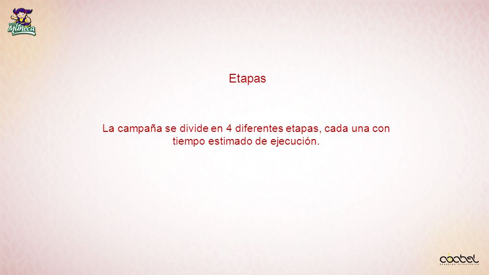 Etapas La campaña se divide en 4 diferentes etapas, cada una con tiempo estimado de ejecución.