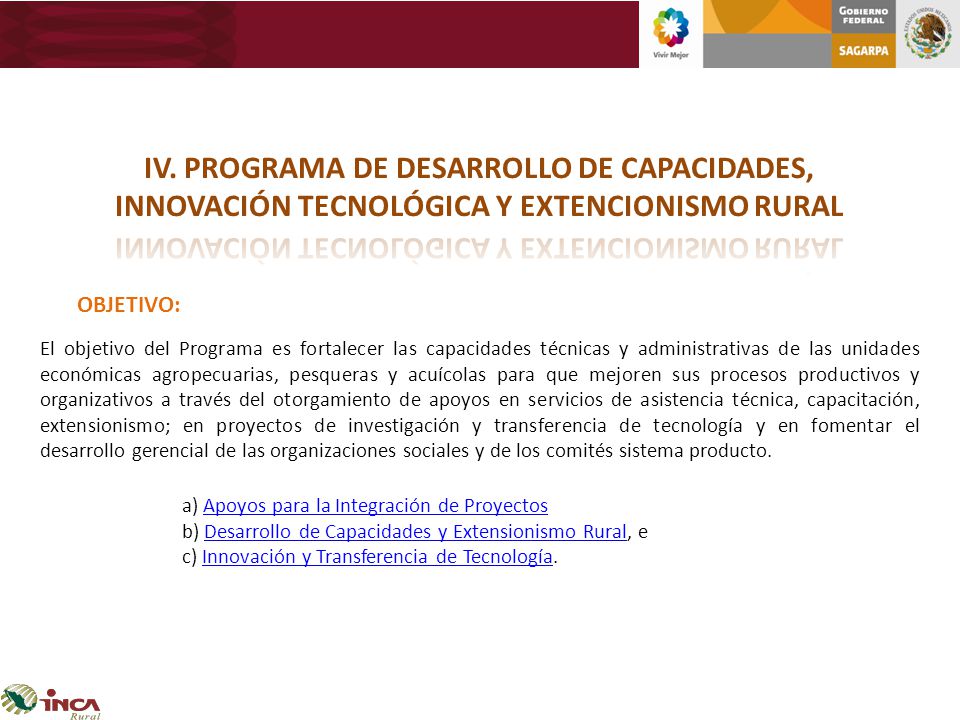 IV. PROGRAMA DE DESARROLLO DE CAPACIDADES, INNOVACIÓN TECNOLÓGICA Y EXTENCIONISMO RURAL