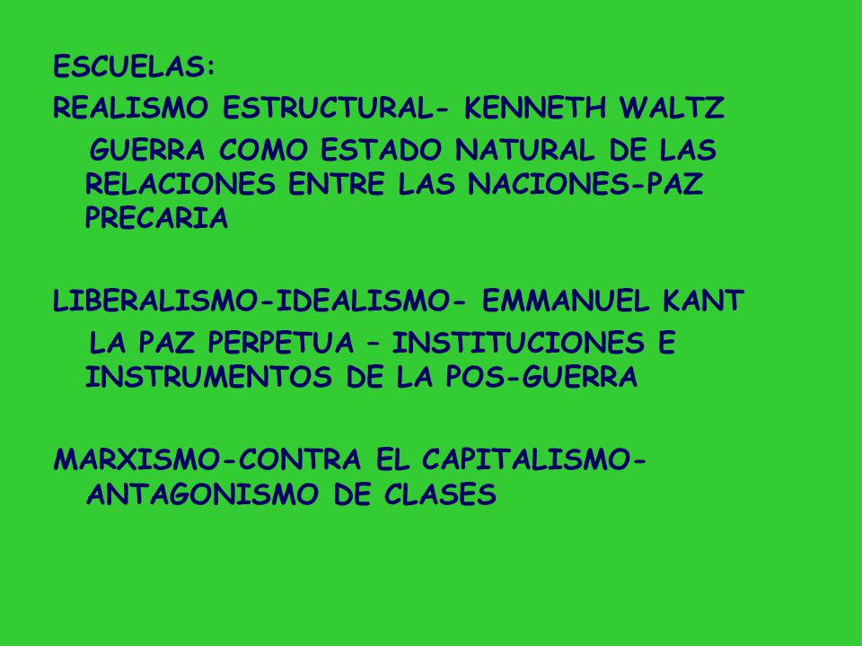 ESCUELAS: REALISMO ESTRUCTURAL- KENNETH WALTZ. GUERRA COMO ESTADO NATURAL DE LAS RELACIONES ENTRE LAS NACIONES-PAZ PRECARIA.