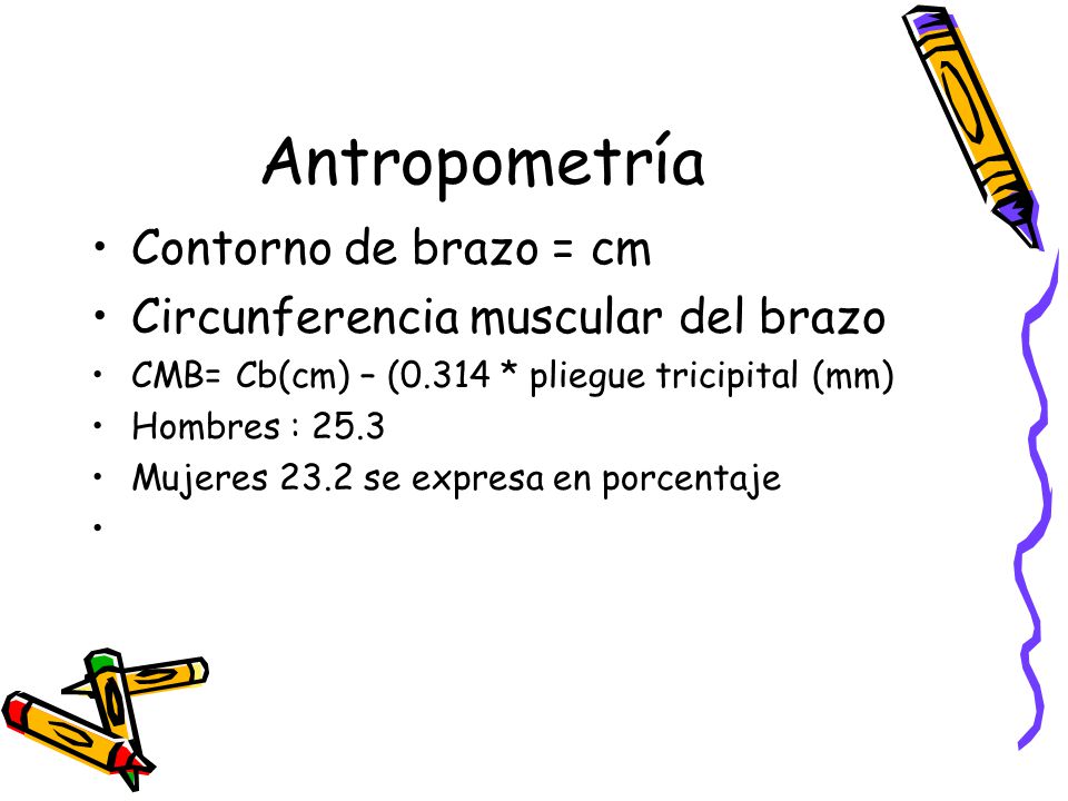 Antropometría Contorno de brazo = cm Circunferencia muscular del brazo