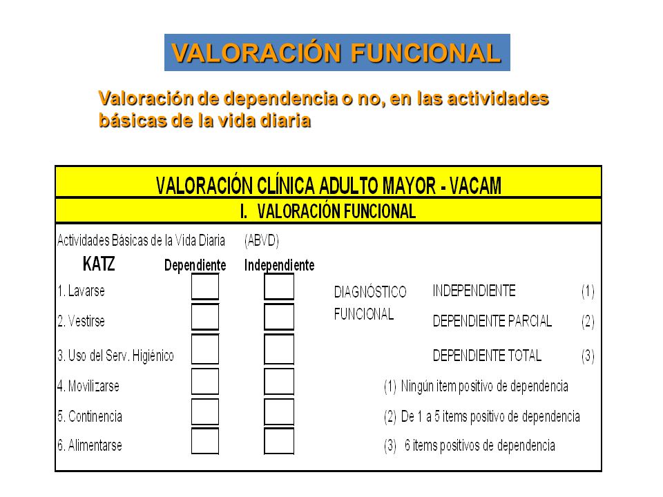 VALORACIÓN FUNCIONAL Valoración de dependencia o no, en las actividades básicas de la vida diaria