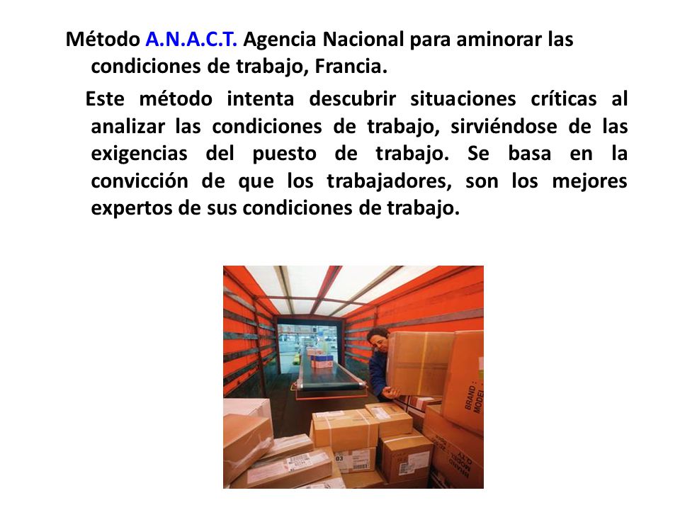 Método A.N.A.C.T. Agencia Nacional para aminorar las condiciones de trabajo, Francia.