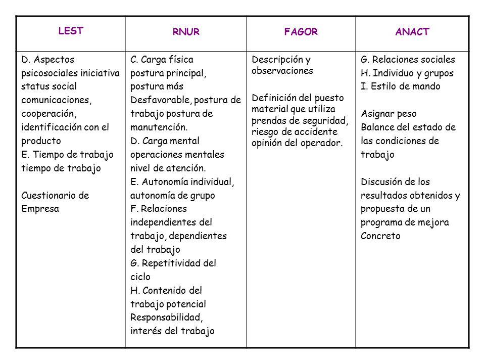 LEST RNUR. FAGOR. ANACT. D. Aspectos. psicosociales iniciativa. status social. comunicaciones,