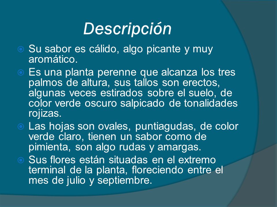 Descripción Su sabor es cálido, algo picante y muy aromático.