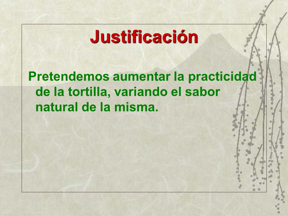 Justificación Pretendemos aumentar la practicidad de la tortilla, variando el sabor natural de la misma.