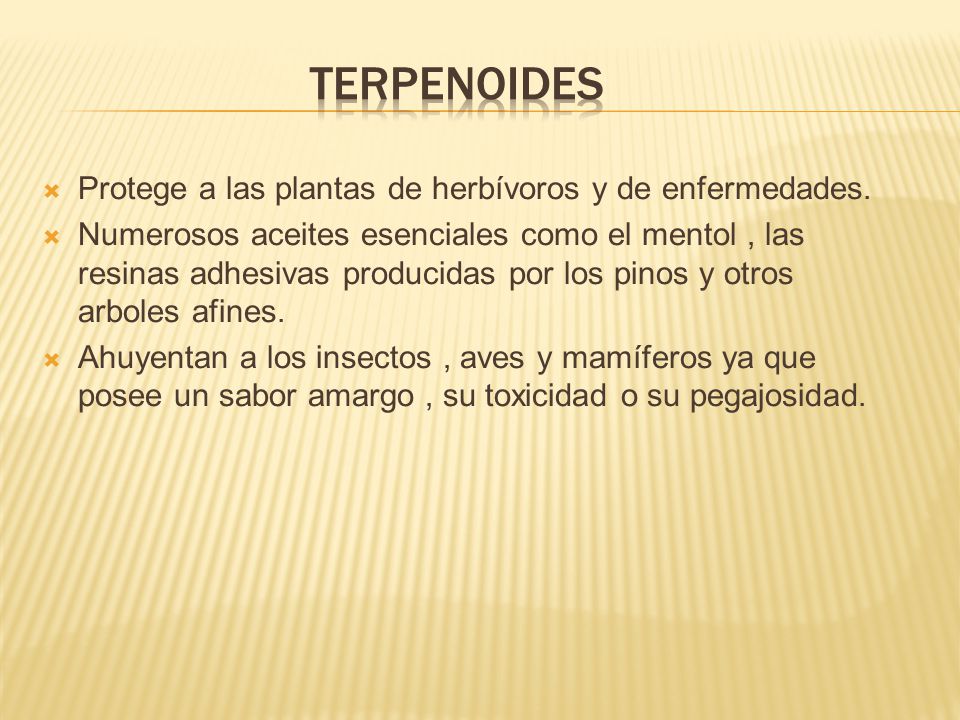 Terpenoides Protege a las plantas de herbívoros y de enfermedades.