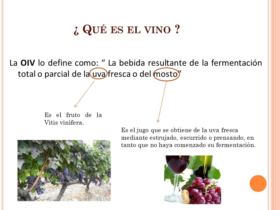 ¿ Qué es el vino La OIV lo define como: La bebida resultante de la fermentación total o parcial de la uva fresca o del mosto
