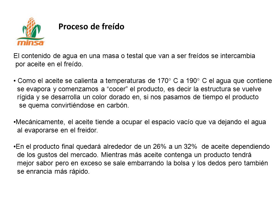 Proceso de freído El contenido de agua en una masa o testal que van a ser freídos se intercambia. por aceite en el freído.