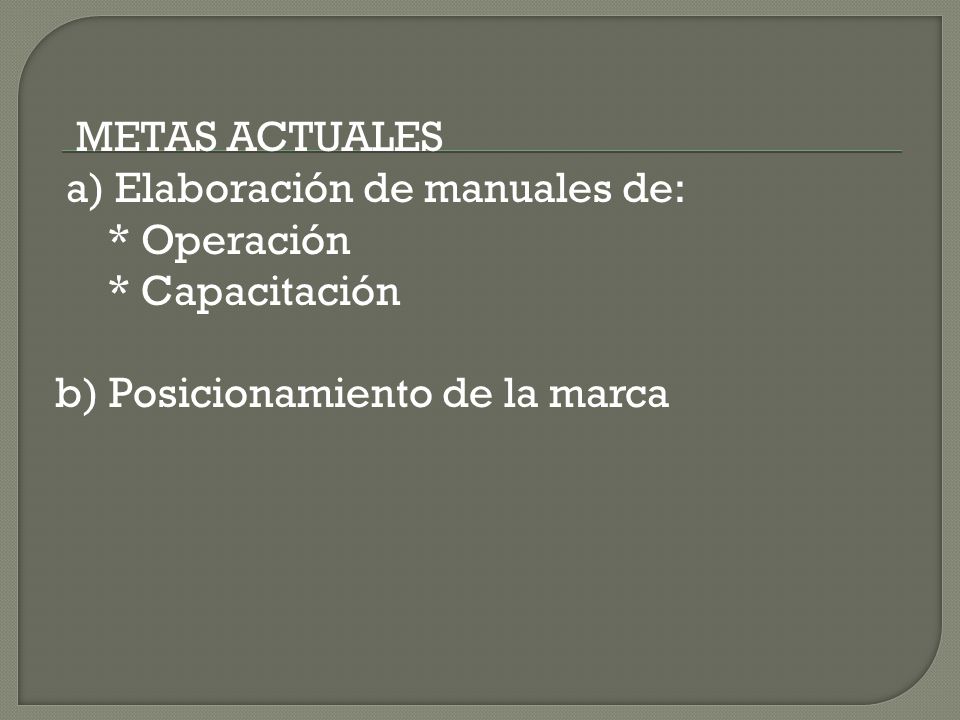 METAS ACTUALES a) Elaboración de manuales de: * Operación. * Capacitación. b) Posicionamiento de la marca.